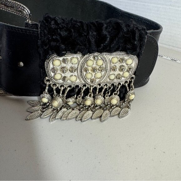 Vintage Doppia Vita Black Wide Leather Belt w/ Metal Beaded Buckle & Tassel